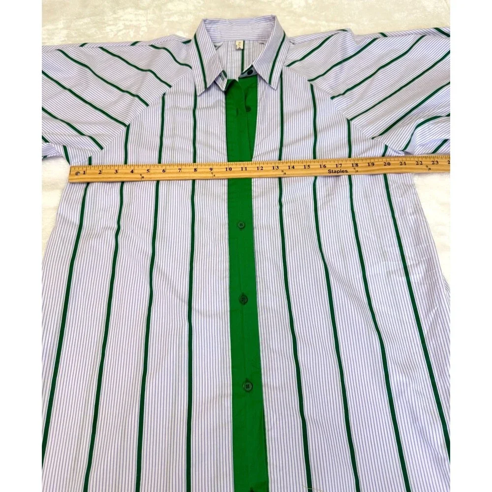 FLICKA Korea Stripe Shirt Dress Green Lavender White Balloon Sleeve Oversized OS